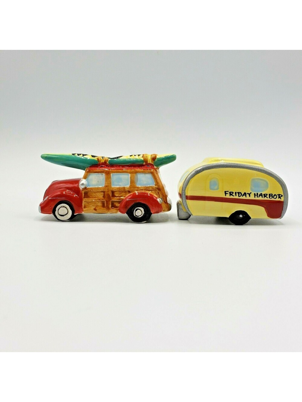 Ceramic Woody Station Wagon & Camper Salt Pepper Shakers Kayak Car RV